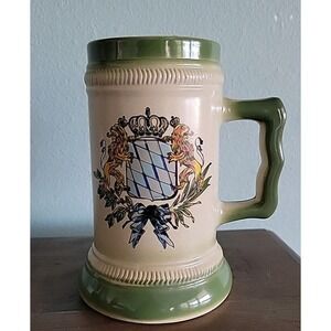 German‎ Stoneware Beer Mug Stein Bavaria Coat of Arms Bierkrug Beige Green